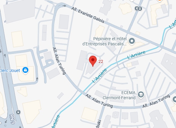 Plan d'accès Allée Alan Turing à Clermont-Ferrand Plan de l'Allée Alan Turing à Clermont-Ferrand montrant le numéro 22 près de l'ECEMA et de la rivière L'Artière.