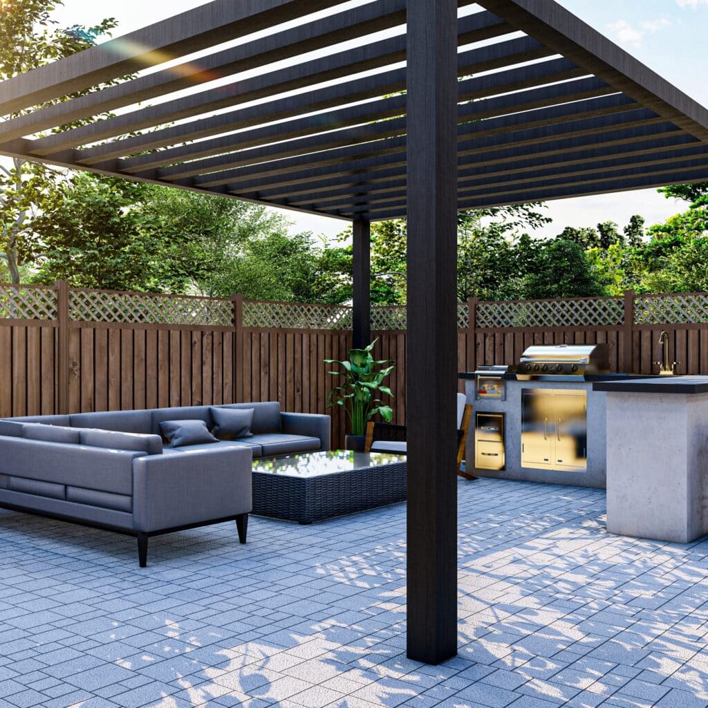 Aménagement Terrasse Moderne avec Pergola et Cuisine d'Été Salon de jardin moderne avec pergola noire, canapé gris et cuisine extérieure sur une terrasse en pavés ensoleillée.
