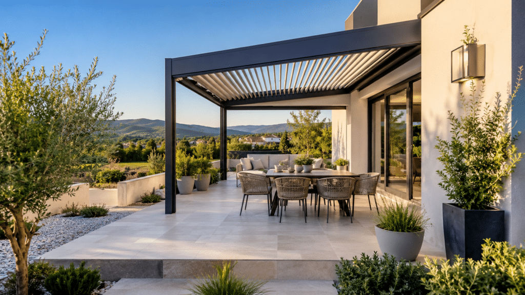 Pergola bioclimatique sur terrasse moderne avec salon de jardin et vue paysagère au soleil couchant.